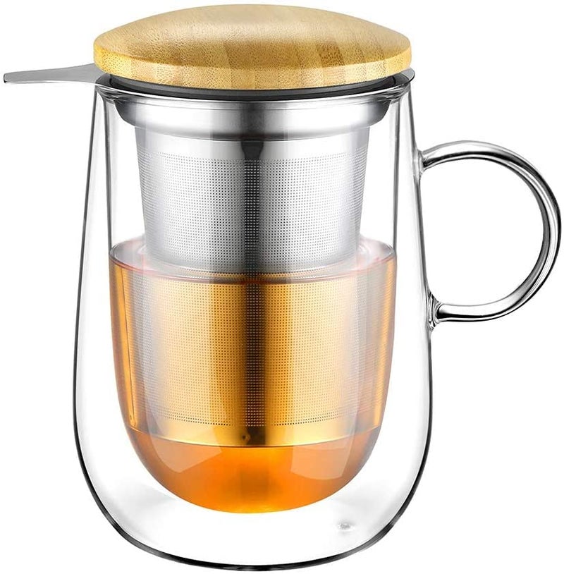 glastal Tea Infuser Mug 14.5oz Insulated Heatproof Glass Tea Cup with Removable Infuser and Lid, Clear Glass Teacup 430ml Double Wall Borosilicate Glass Teacup for Loose Tea, Gifts for Parents Dad Mum - Image 1